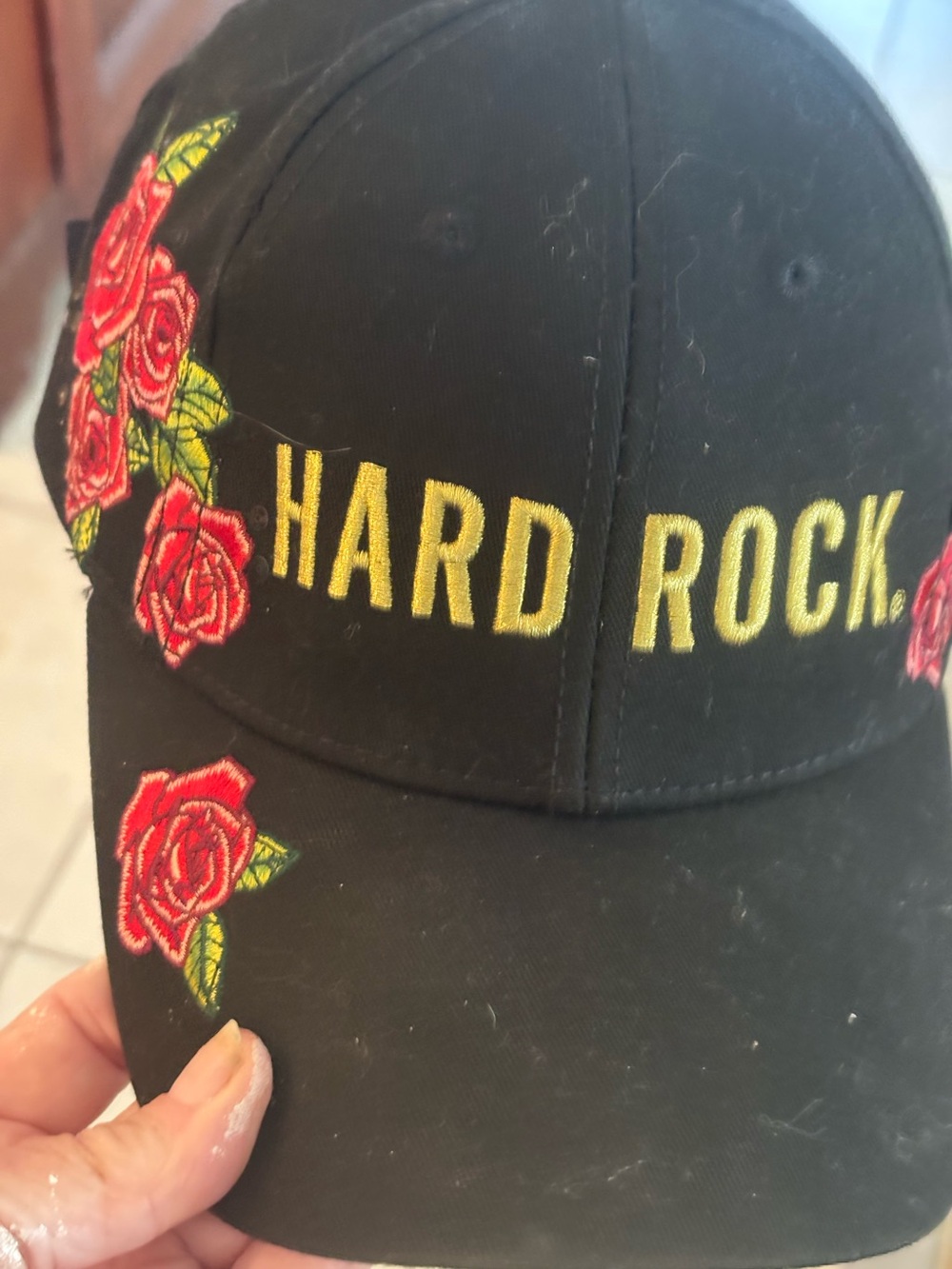 Hard Rock Cafe Black Hat with Red Rose Embroidery and Yellow Logo